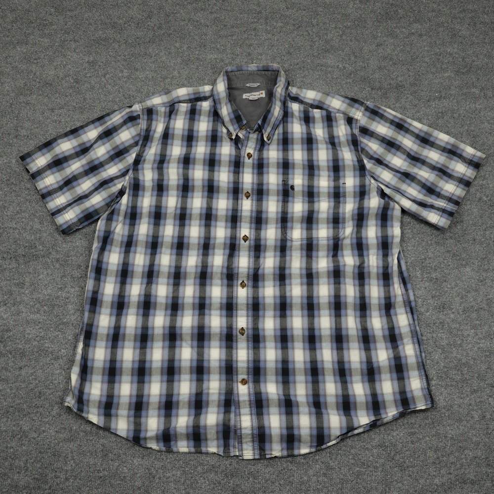 Carhartt Shirt Mens 2XL Blue Black Plaid Relaxed Fit Short Sleeve Button Down